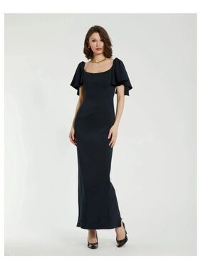 Mac Duggal Navy Crepe Fitted Column Gown with Short Ruffle Sleeves